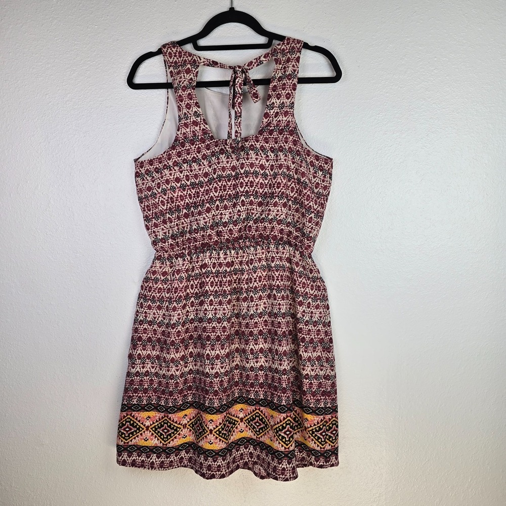 Xhilaration Boho Tribal Print Sleeveless Fit & Flare Dress MED Burgundy Aztec‎